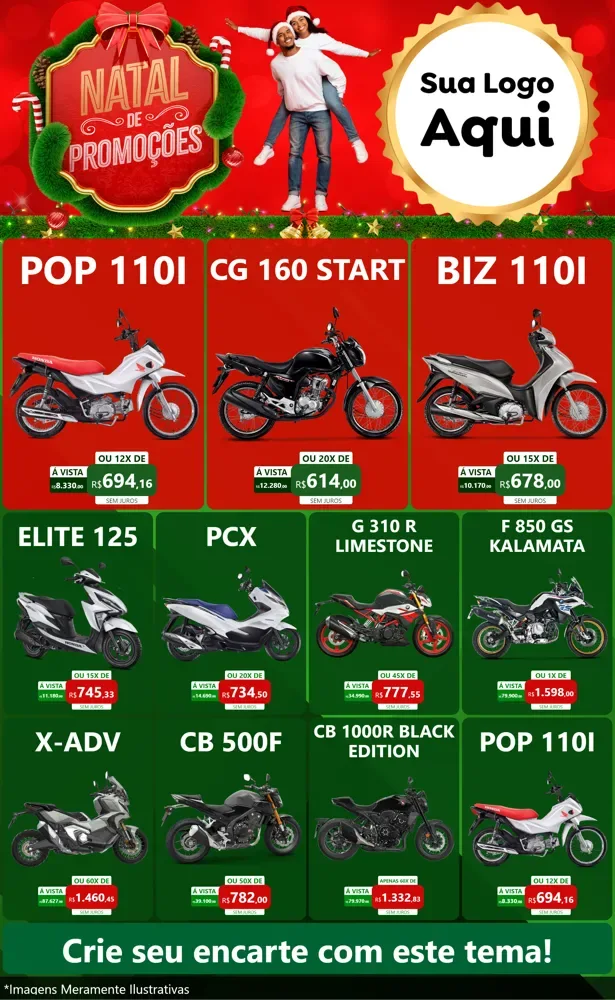 Modelo de Encarte para Encarte Grande com o tema Natal de Promoções para Concessionaria de Motos
