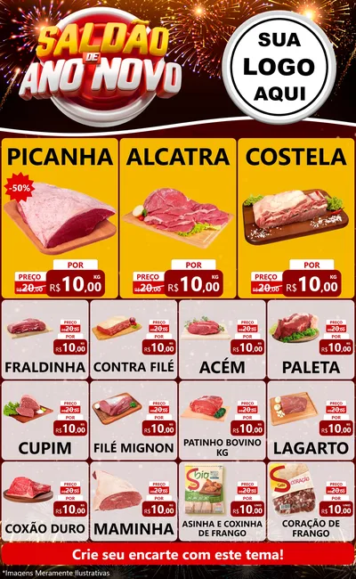 Modelo de Encarte para Encarte Grande com o tema Saldão de Ano Novo para Açougue