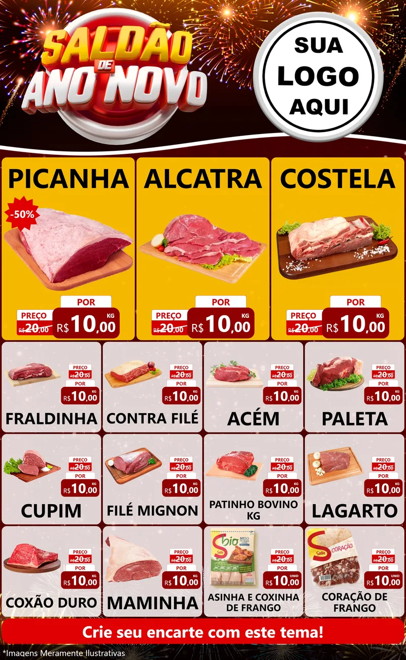 Modelo de Encarte para Encarte Grande com o tema Saldão de Ano Novo para Açougue
