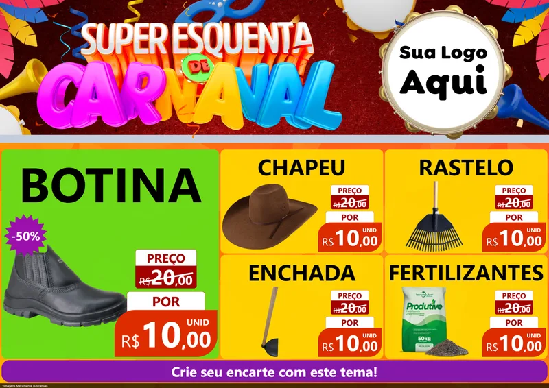 Modelo de Encarte para Encarte A4 Horizontal com o tema Super Esquenta de Carnaval para Agropecuária
