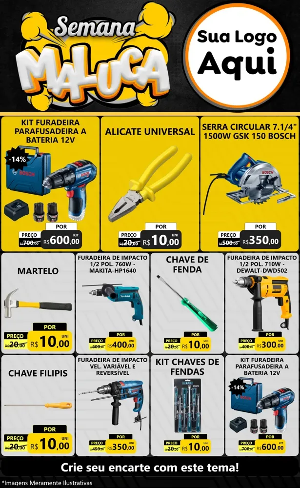 Modelo de Encarte para Encarte Grande com o tema Semana Maluca para Maquinas e Ferramentas