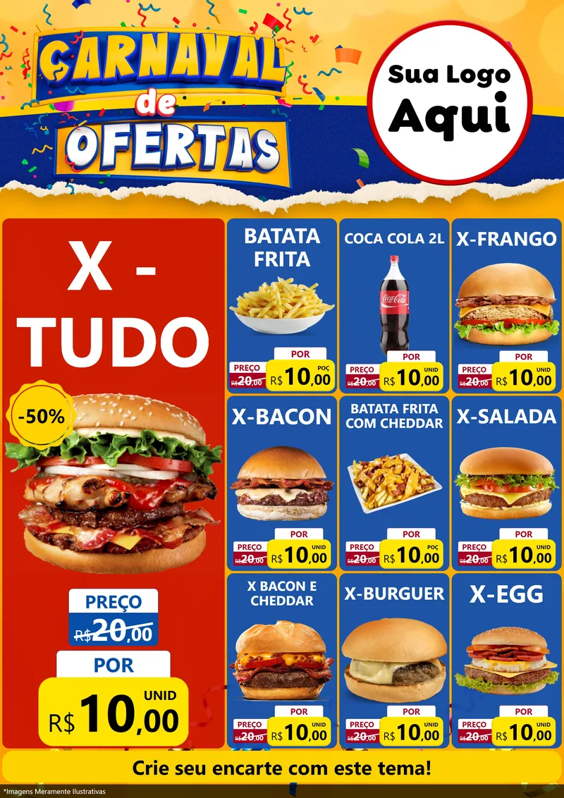 Modelo de Encarte para Encarte A4 Vertical com o tema Carnaval de Ofertas para Hamburgueria
