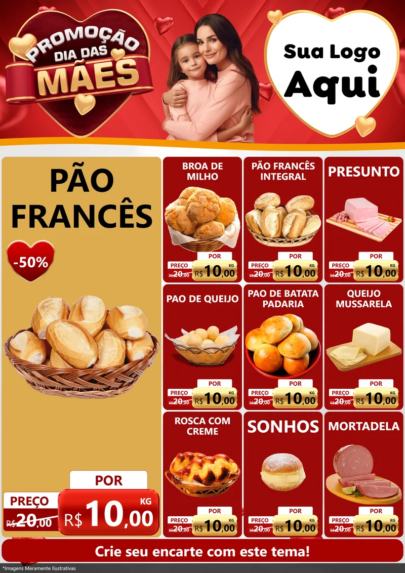 Modelo de Encarte para Encarte A4 Vertical com o tema Promoção Dia das Mães para Padaria