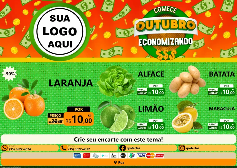 Modelo de Encarte para Encarte A4 Horizontal com o tema Comece Outubro Economizando para Hortifrúti