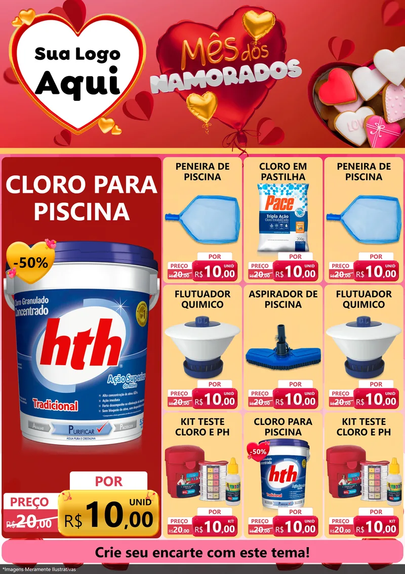 Modelo de Encarte para Encarte A4 Vertical com o tema Mês dos Namorados para Produtos para Piscina