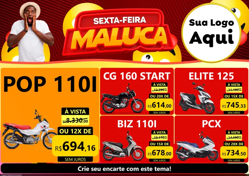 Modelo de Encarte para Encarte A4 Horizontal com o tema Sexta-feira Maluca para Concessionaria de Motos