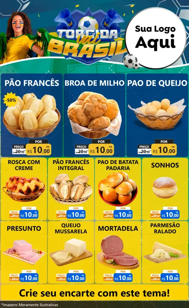 Modelo de Encarte para Encarte Grande com o tema Torcida Vai Brasil - Copa para Padaria