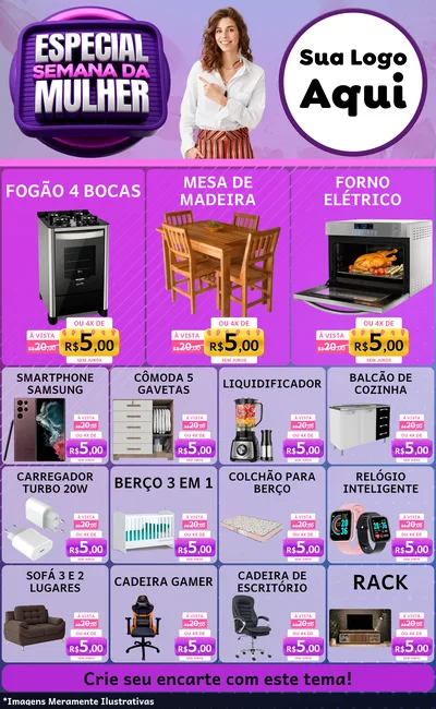 Modelo de Encarte para Encarte Grande com o tema Especial Semana da Mulher para Móveis e Eletro