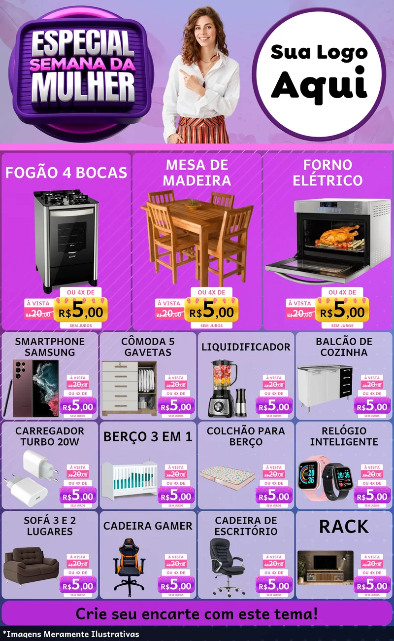 Modelo de Encarte para Encarte Grande com o tema Especial Semana da Mulher para Móveis e Eletro