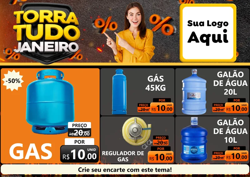 Modelo de Encarte para Encarte A4 Horizontal com o tema Torra Tudo Janeiro para Água e gás