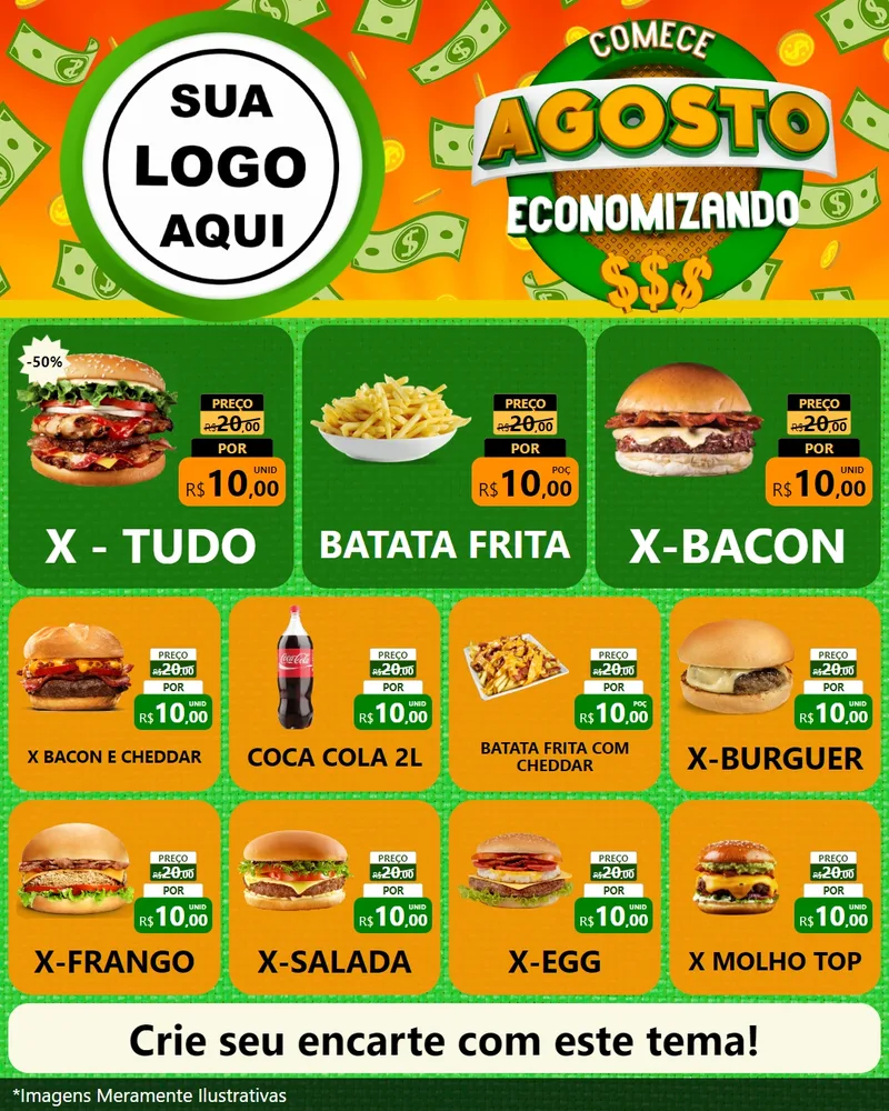 Modelo de Rede Social para Feed Instagram com o tema Comece Agosto Economizando para Hamburgueria
