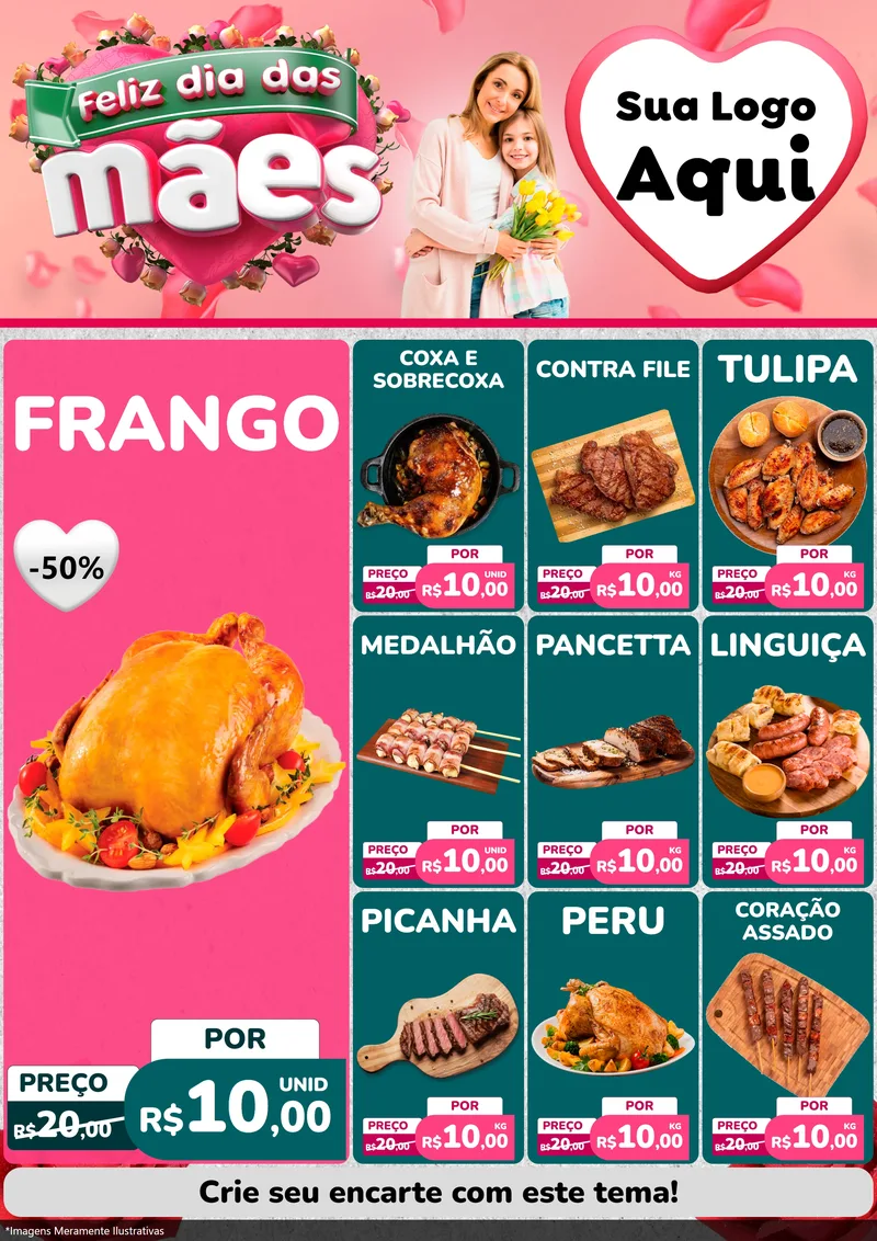 Modelo de Encarte para Encarte A4 Vertical com o tema Feliz Dia das Mães para Assados