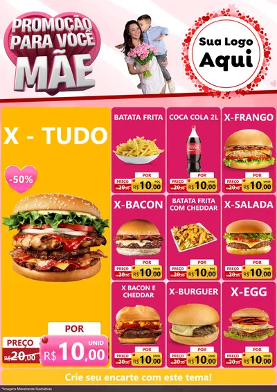Modelo de Encarte para Encarte A4 Vertical com o tema Promoção Para Você Mãe para Hamburgueria