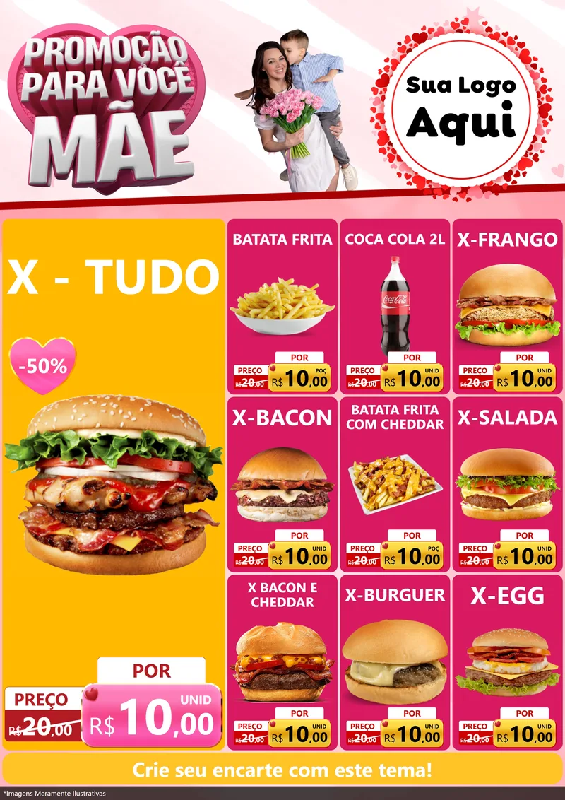 Modelo de Encarte para Encarte A4 Vertical com o tema Promoção Para Você Mãe para Hamburgueria