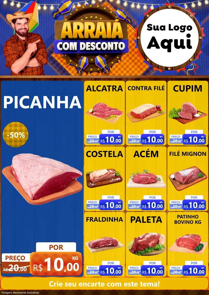 Modelo de Encarte para Encarte A4 Vertical com o tema Arraiá Com Desconto para Açougue