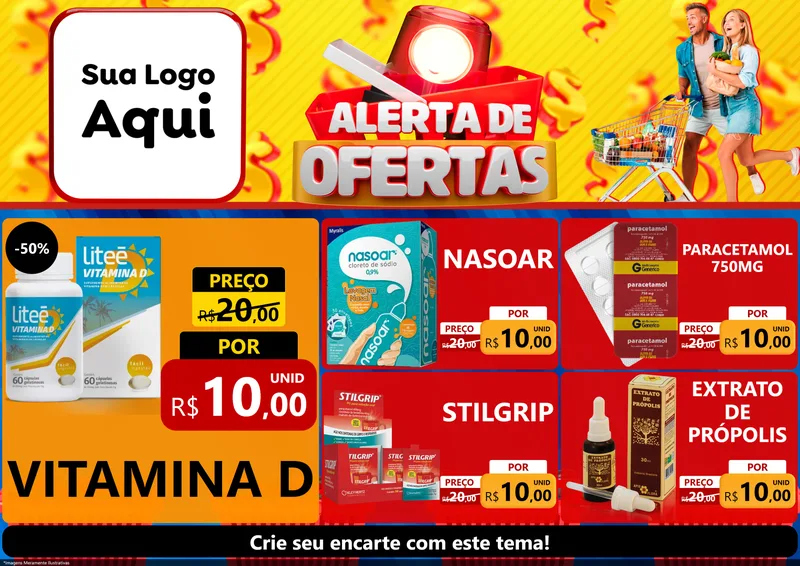 Modelo de Encarte para Encarte A4 Horizontal com o tema Alerta de Ofertas para Farmácia