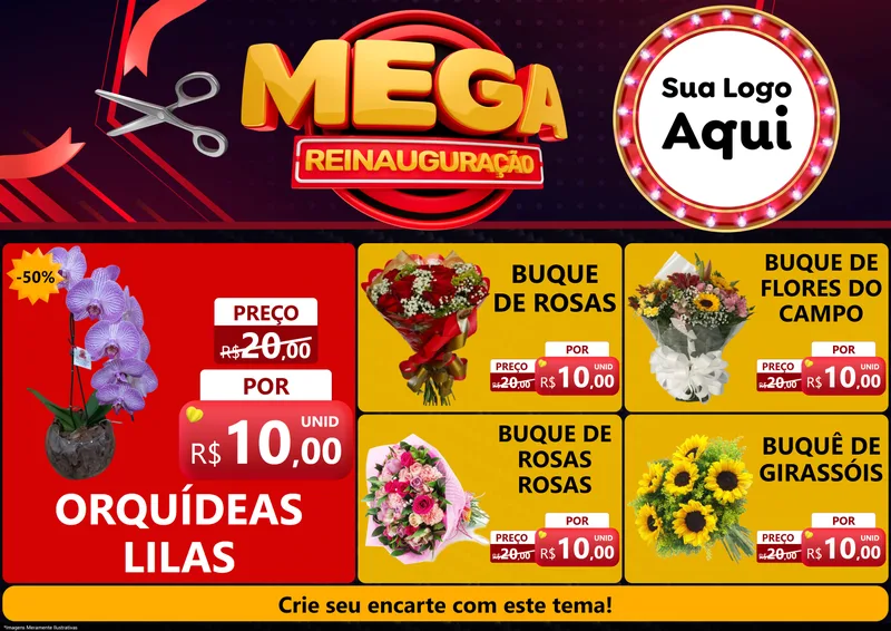 Modelo de Encarte para Encarte A4 Horizontal com o tema Mega Reinauguração para Floricultura e jardim