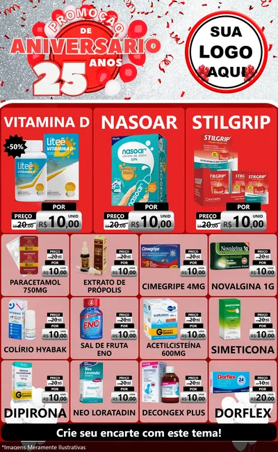 Modelo de Encarte para Encarte Grande com o tema Promoção de Aniversário - 25Anos para Farmácia