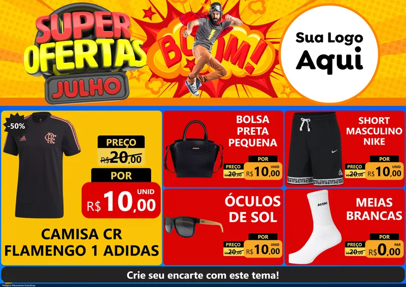 Modelo de Encarte para Encarte A4 Horizontal com o tema Super Ofertas Julho para Roupas e acessórios