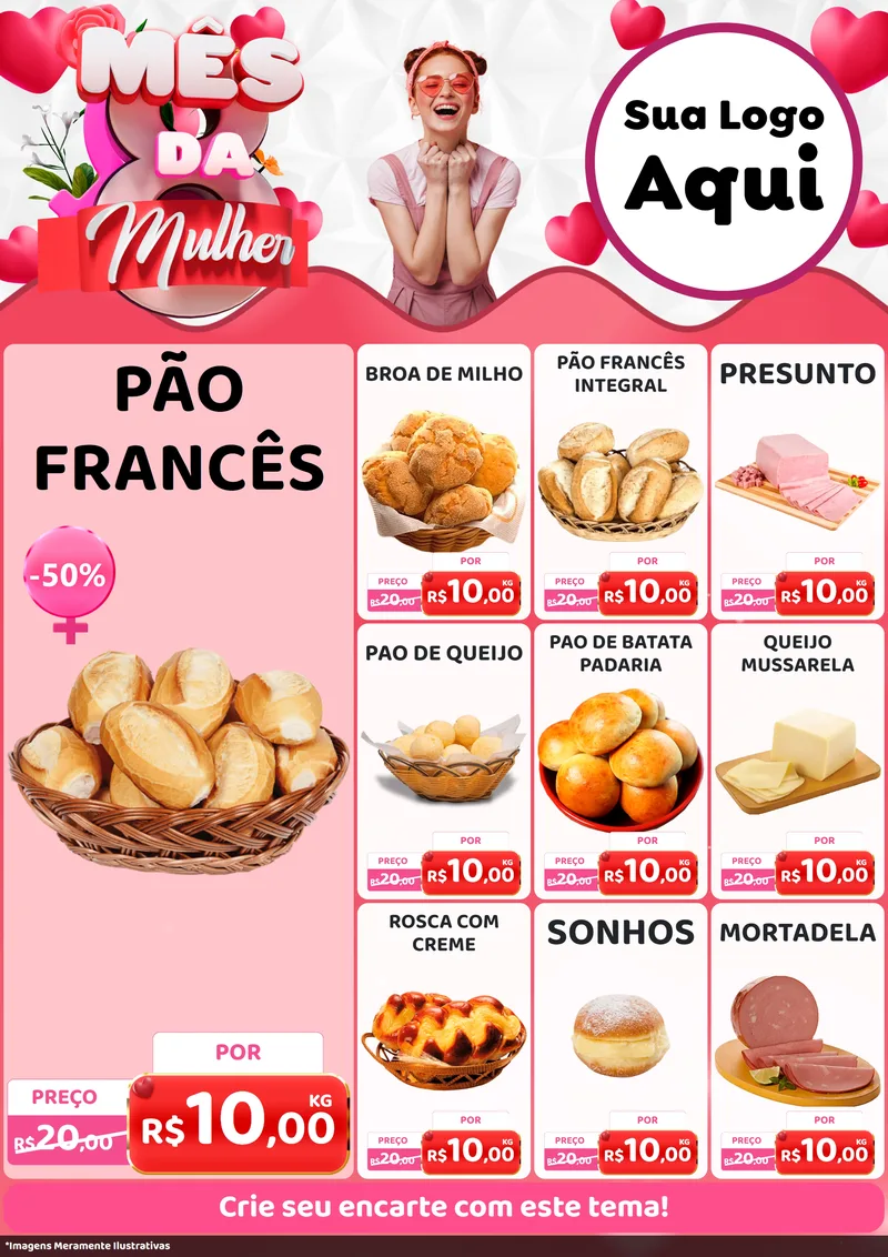 Modelo de Encarte para Encarte A4 Vertical com o tema Mês da Mulher para Padaria