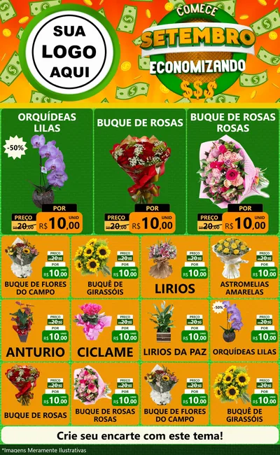 Modelo de Encarte para Encarte Grande com o tema Comece Setembro Economizando para Floricultura e jardim