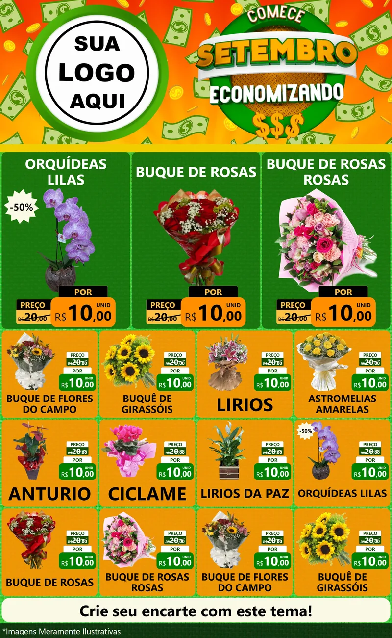 Modelo de Encarte para Encarte Grande com o tema Comece Setembro Economizando para Floricultura e jardim
