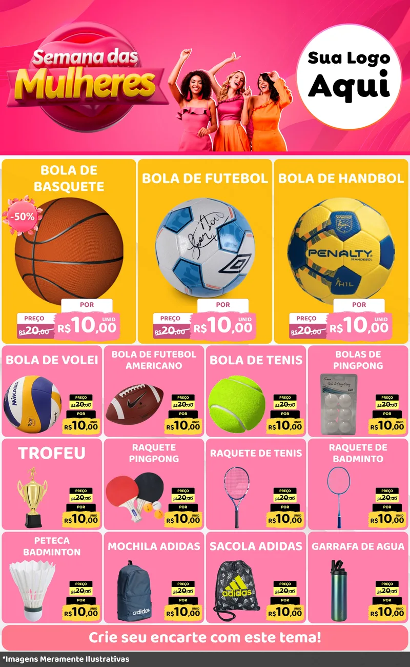 Modelo de Encarte para Encarte Grande com o tema Semana das Mulheres para Artigos Esportivos
