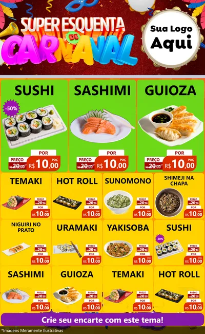 Modelo de Encarte para Encarte Grande com o tema Super Esquenta de Carnaval para Comida japonesa
