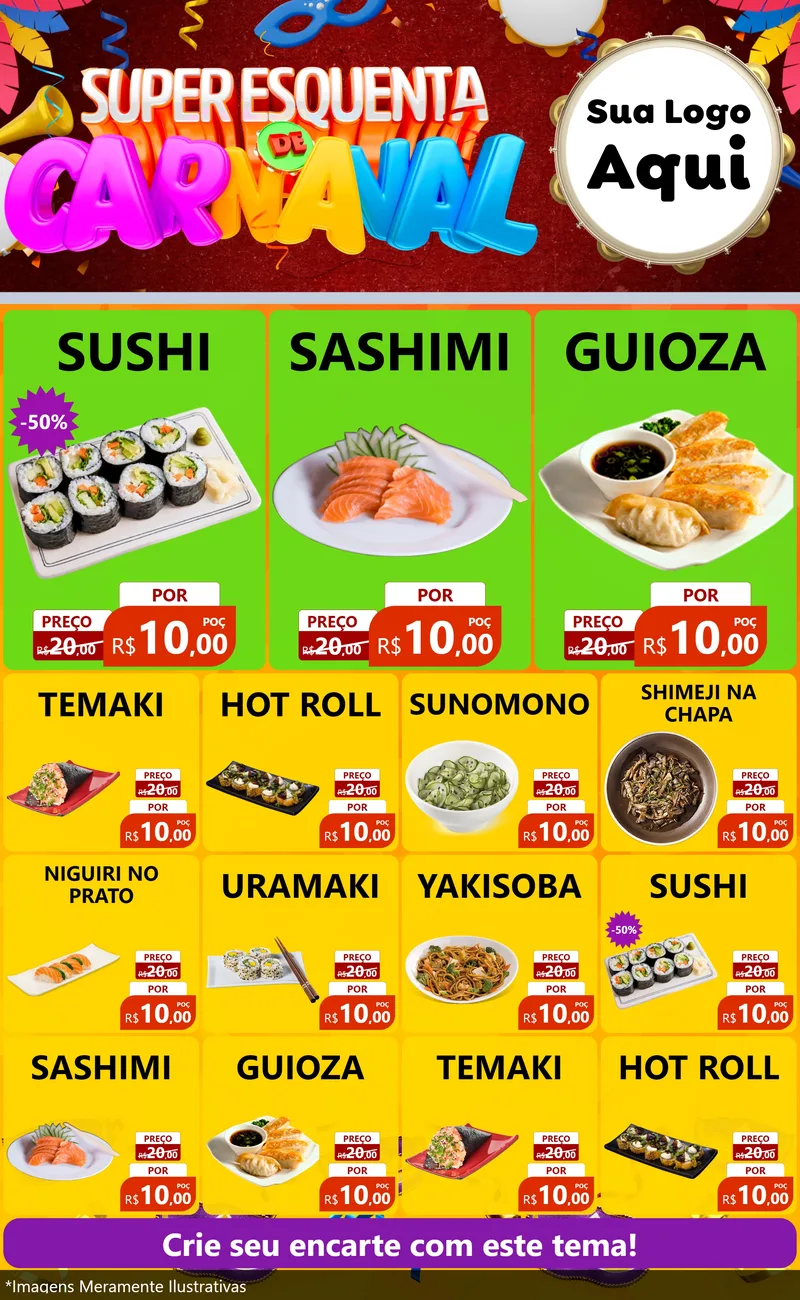 Modelo de Encarte para Encarte Grande com o tema Super Esquenta de Carnaval para Comida japonesa