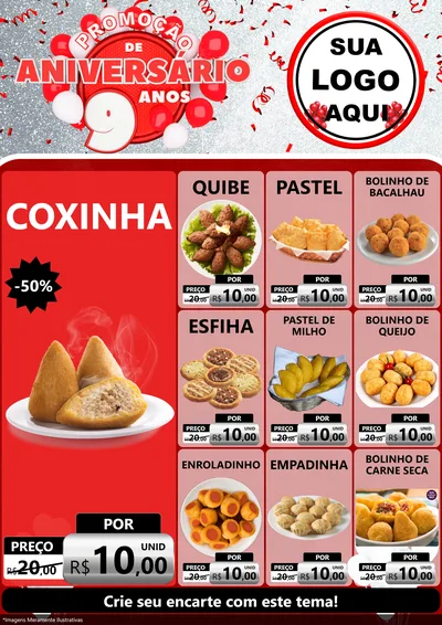 Modelo de Encarte para Encarte A4 Vertical com o tema Promoção de Aniversário - 9 Anos para Salgadaria