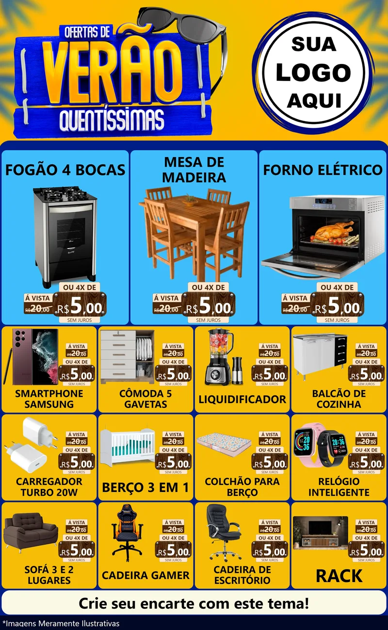 Modelo de Encarte para Encarte Grande com o tema Ofertas de Verão Quentíssimas para Móveis e Eletro