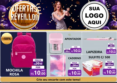 Modelo de Encarte para Encarte A4 Horizontal com o tema Ofertas de Réveillon para Papelaria