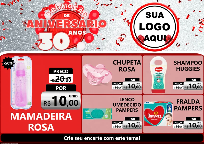 Modelo de Encarte para Encarte A4 Horizontal com o tema Promoção de Aniversário - 30 Anos para Bebês