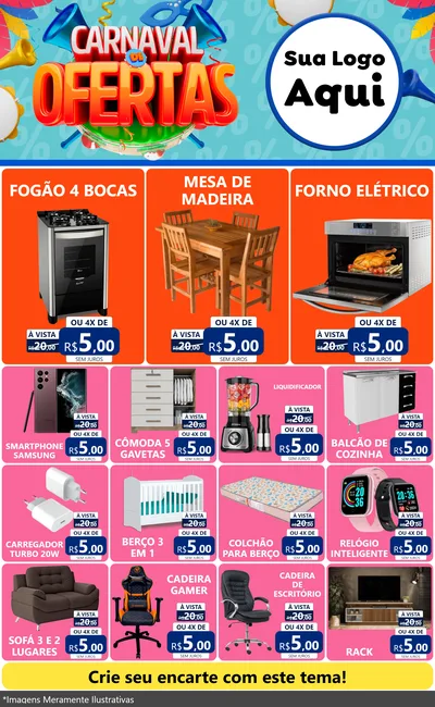 Modelo de Encarte para Encarte Grande com o tema Carnaval de Ofertas para Móveis e Eletro