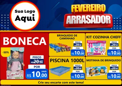 Modelo de Encarte para Encarte A4 Horizontal com o tema Fevereiro Arrasador para Brinquedos