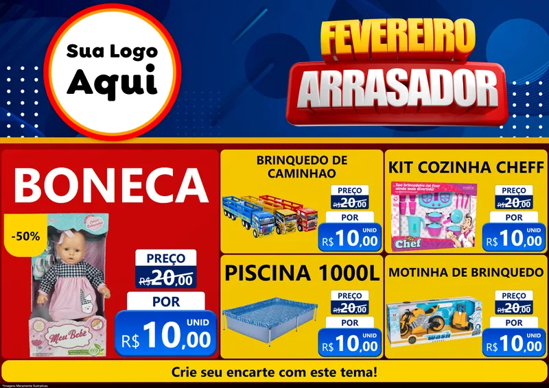 Modelo de Encarte para Encarte A4 Horizontal com o tema Fevereiro Arrasador para Brinquedos