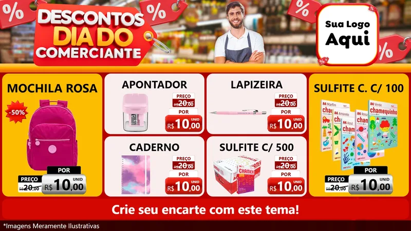 Modelo de TV para TV Horizontal com o tema Descontos Dia do Comerciante para Papelaria