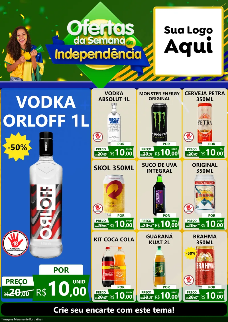 Modelo de Encarte para Encarte A4 Vertical com o tema Ofertas da Semana da Independência para Distribuidora de bebidas