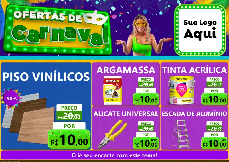Modelo de Encarte para Encarte A4 Horizontal com o tema Ofertas de Carnaval para Material para Construção