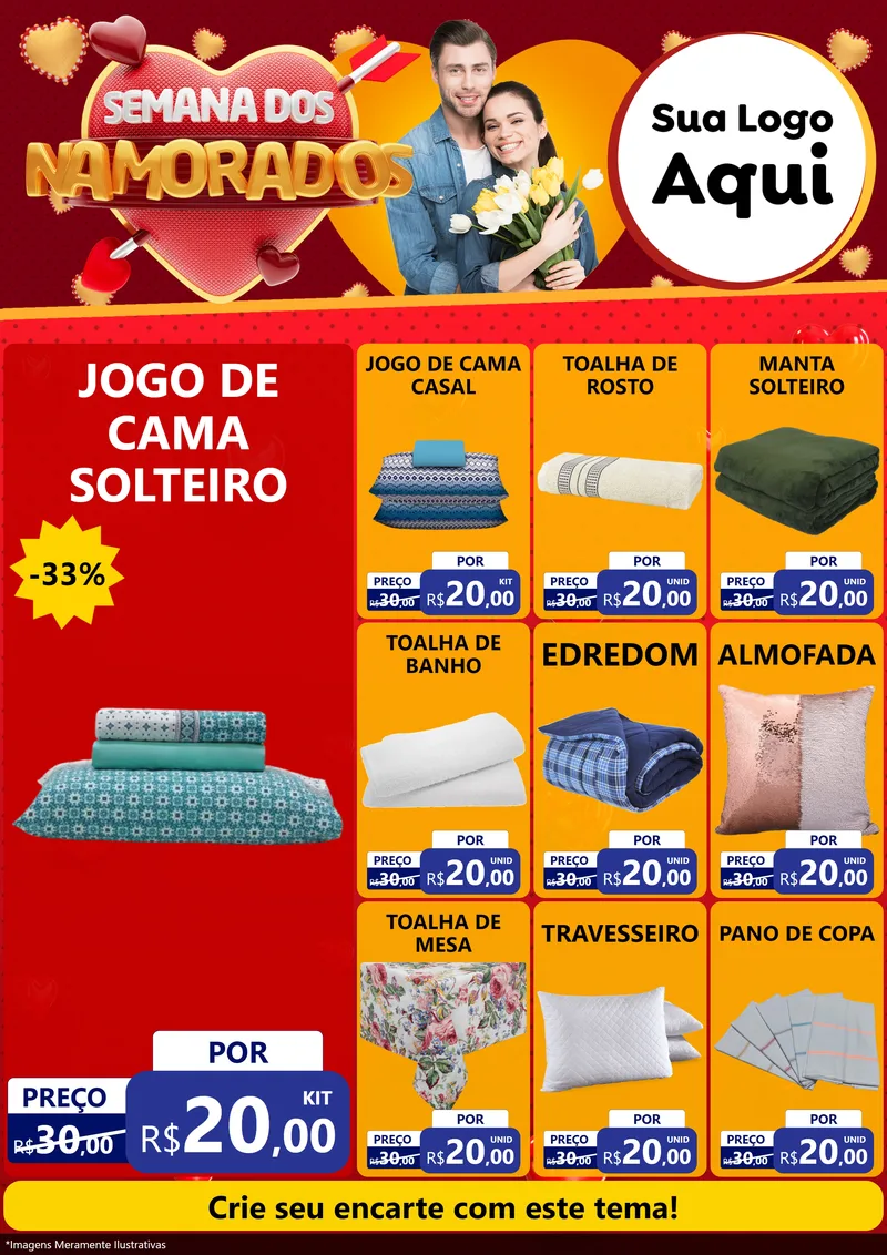 Modelo de Encarte para Encarte A4 Vertical com o tema Semana dos Namorados para Cama, Mesa e Banho