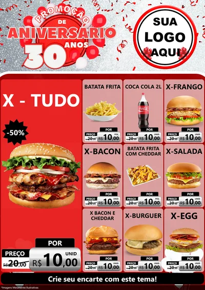 Modelo de Encarte para Encarte A4 Vertical com o tema Promoção de Aniversário - 30 Anos para Hamburgueria