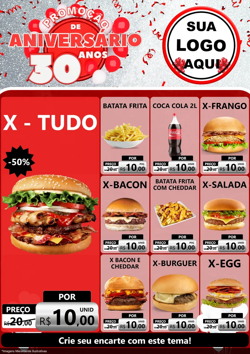 Modelo de Encarte para Encarte A4 Vertical com o tema Promoção de Aniversário - 30 Anos para Hamburgueria