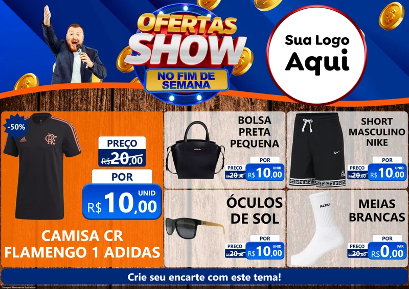 Modelo de Encarte para Encarte A4 Horizontal com o tema Ofertas Show No Fim De Semana para Roupas e acessórios