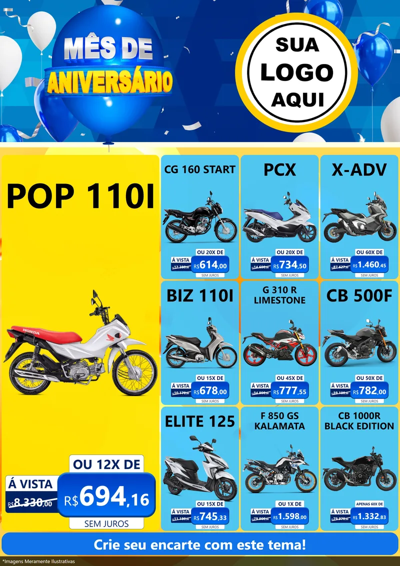 Modelo de Encarte para Encarte A4 Vertical com o tema Mês de Aniversário para Concessionaria de Motos