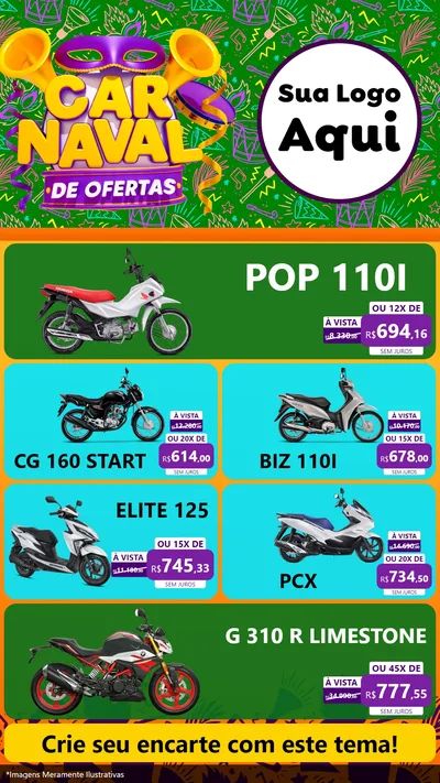 Modelo de TV para TV Vertical com o tema Carnaval de Ofertas para Concessionaria de Motos