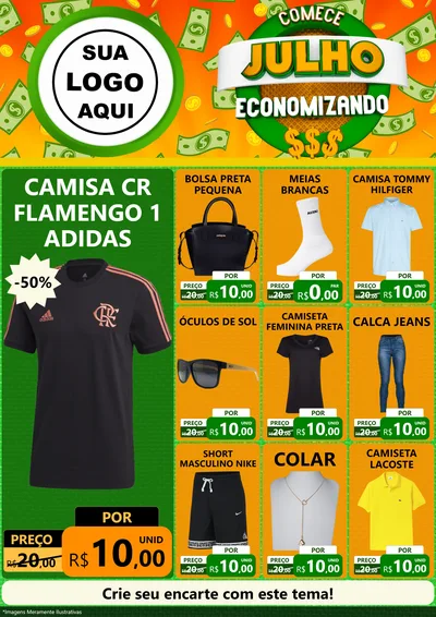 Modelo de Encarte para Encarte A4 Vertical com o tema Comece Julho Economizando para Roupas e acessórios