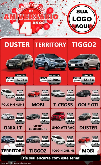 Modelo de Encarte para Encarte Grande com o tema Promoção de Aniversário - 4 Anos para Concessionaria de Carros