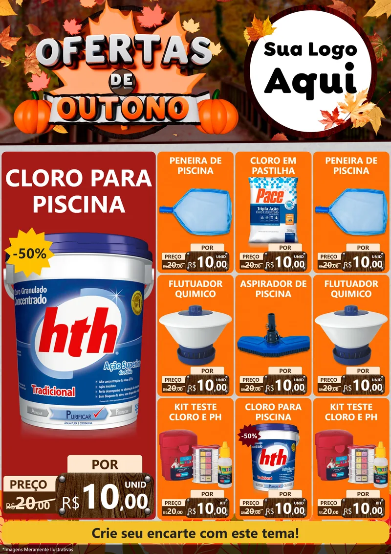 Modelo de Encarte para Encarte A4 Vertical com o tema Ofertas de Outono para Produtos para Piscina