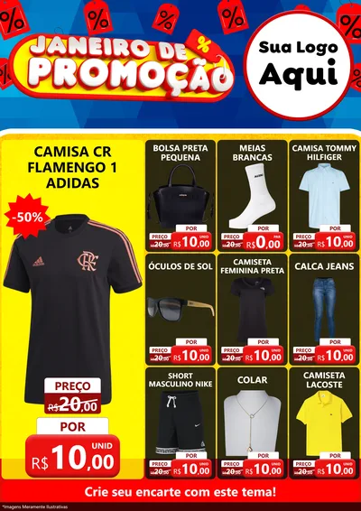 Modelo de Encarte para Encarte A4 Vertical com o tema Janeiro de Promoção para Roupas e acessórios