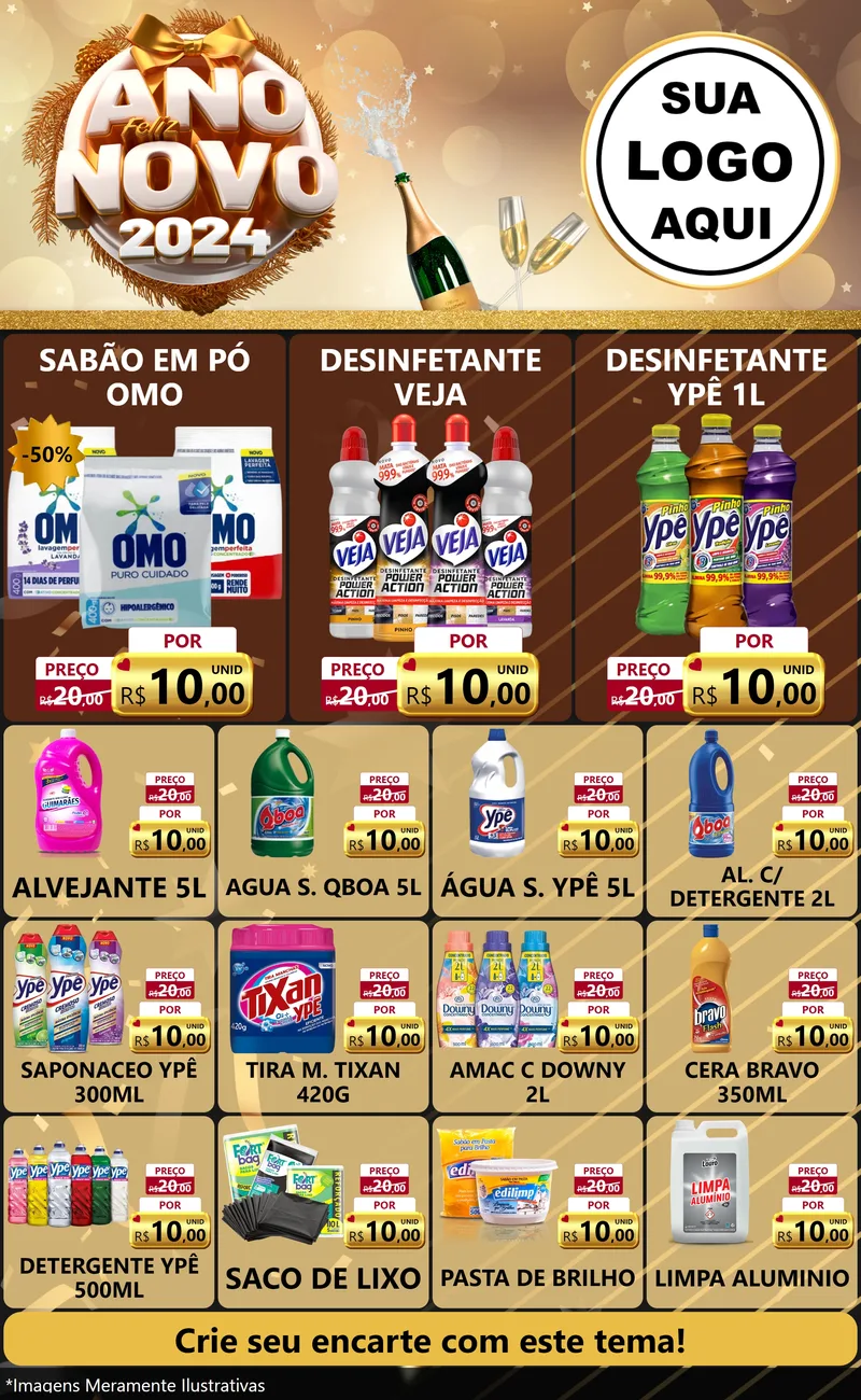 Modelo de Encarte para Encarte Grande com o tema Feliz Ano Novo 2027 para Produtos de Limpeza